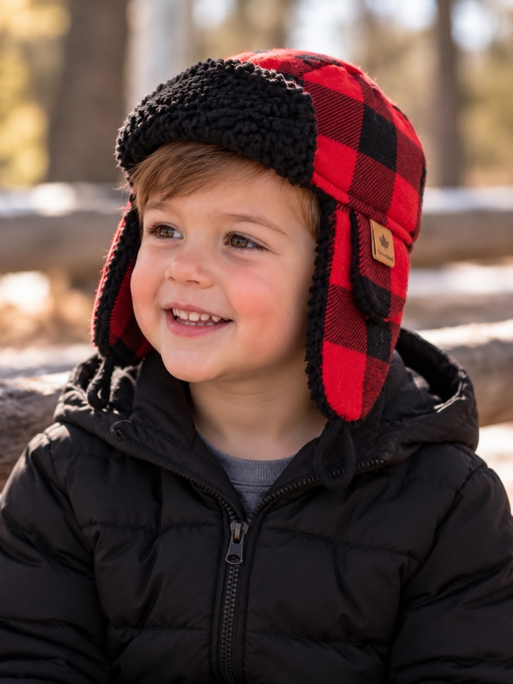 🍁Canadiana Kids Buffalo Plaid Sherpa Lined Trapper Hat 2-5T Red Black